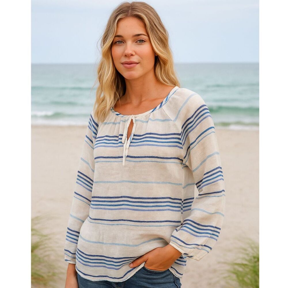 J Crew 100% Linen Peasant Blouse Womens S Indigo Striped Coastal Breezy Beachy